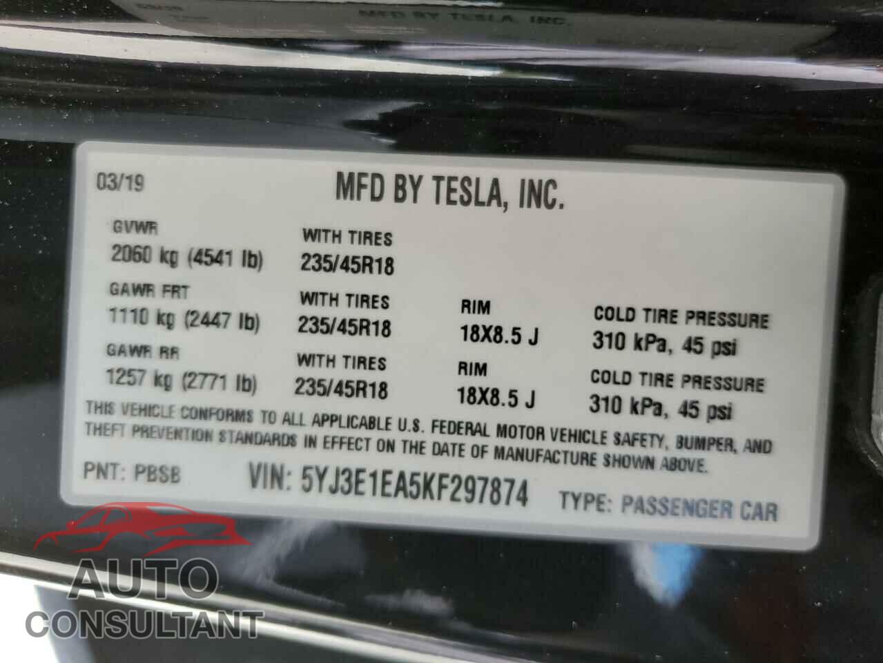 TESLA MODEL 3 2019 - 5YJ3E1EA5KF297874