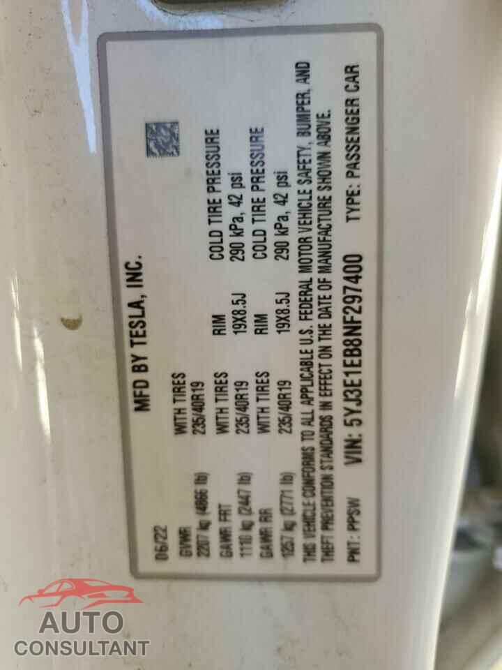 TESLA MODEL 3 2022 - 5YJ3E1EB8NF297400