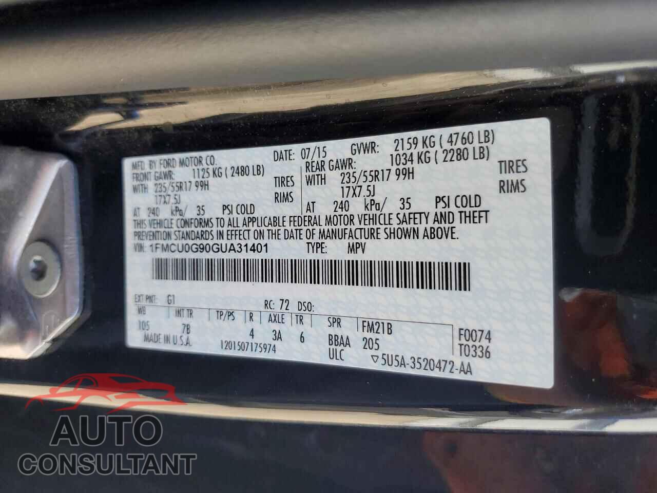 FORD ESCAPE 2016 - 1FMCU0G90GUA31401