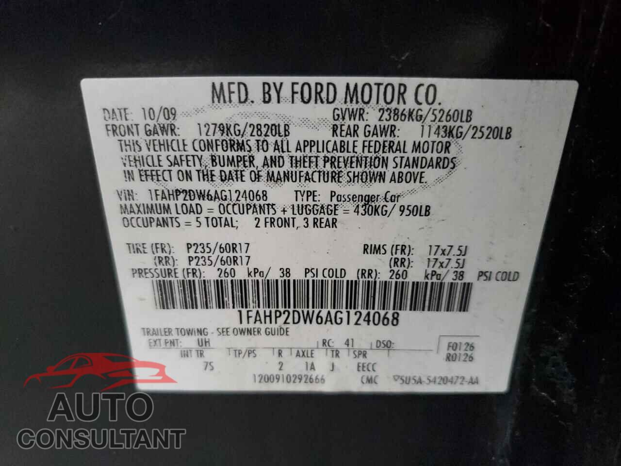 FORD TAURUS 2010 - 1FAHP2DW6AG124068