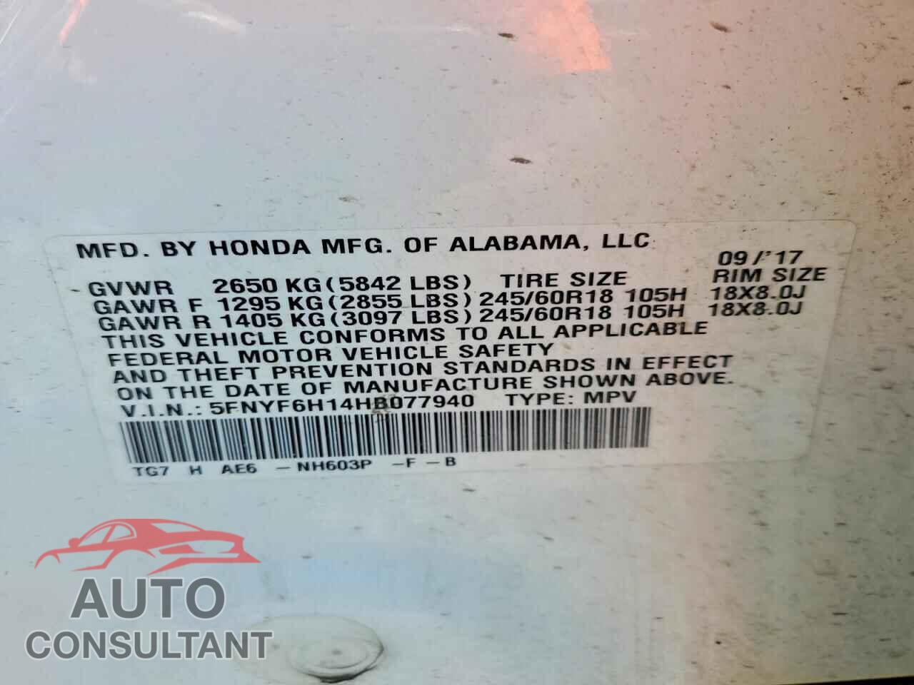 HONDA PILOT 2017 - 5FNYF6H14HB077940