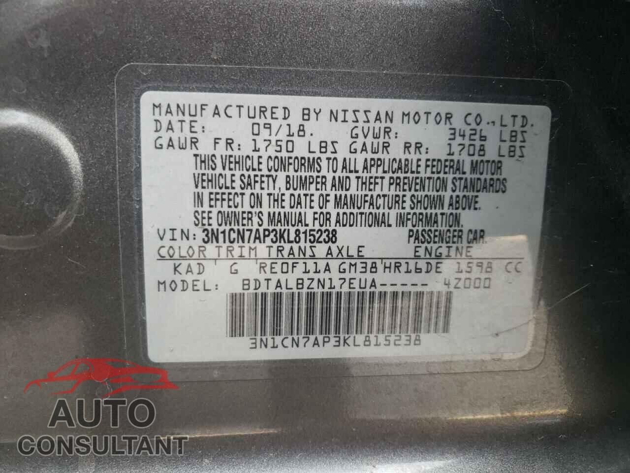 NISSAN VERSA 2019 - 3N1CN7AP3KL815238