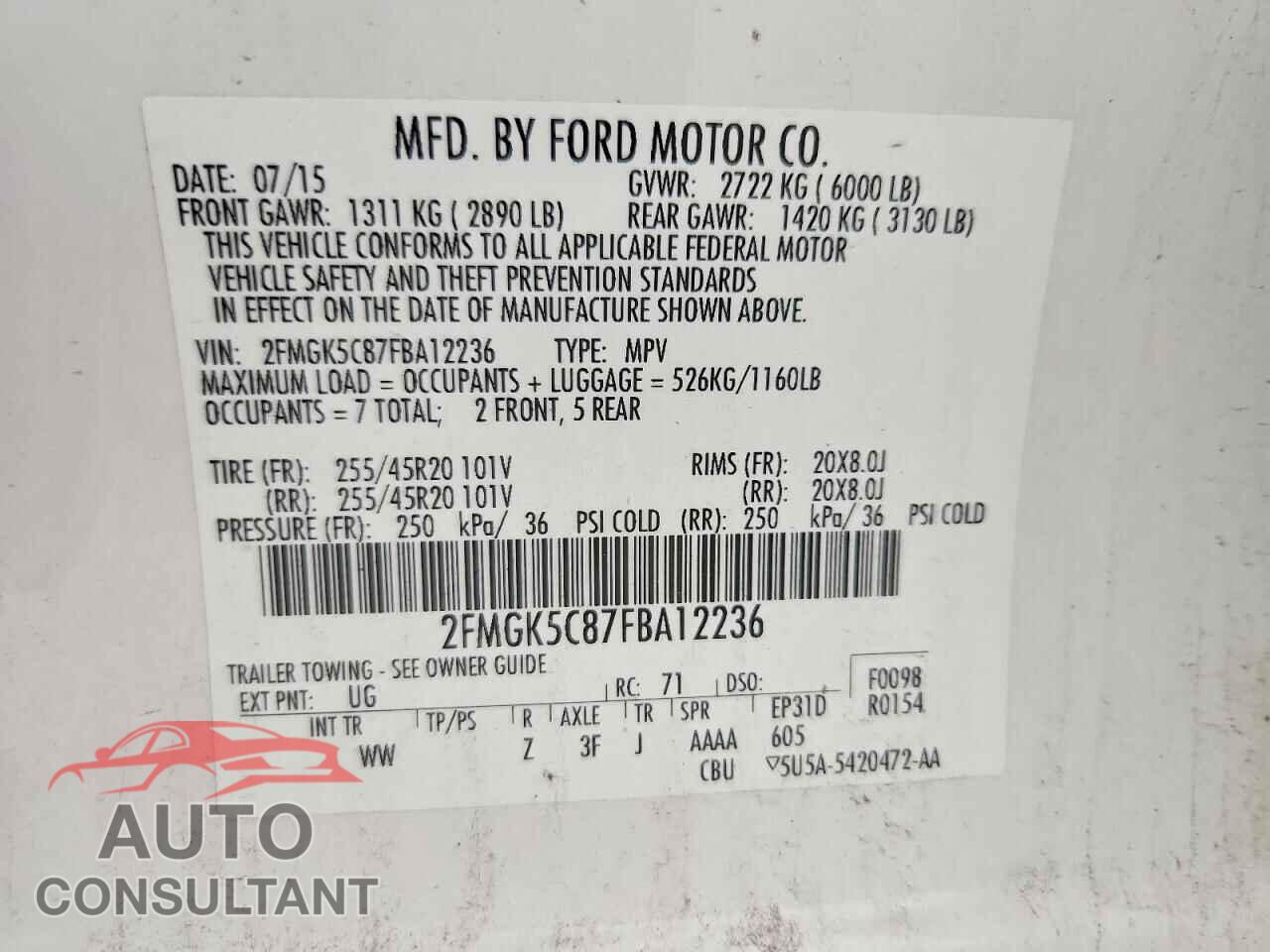 FORD FLEX 2015 - 2FMGK5C87FBA12236