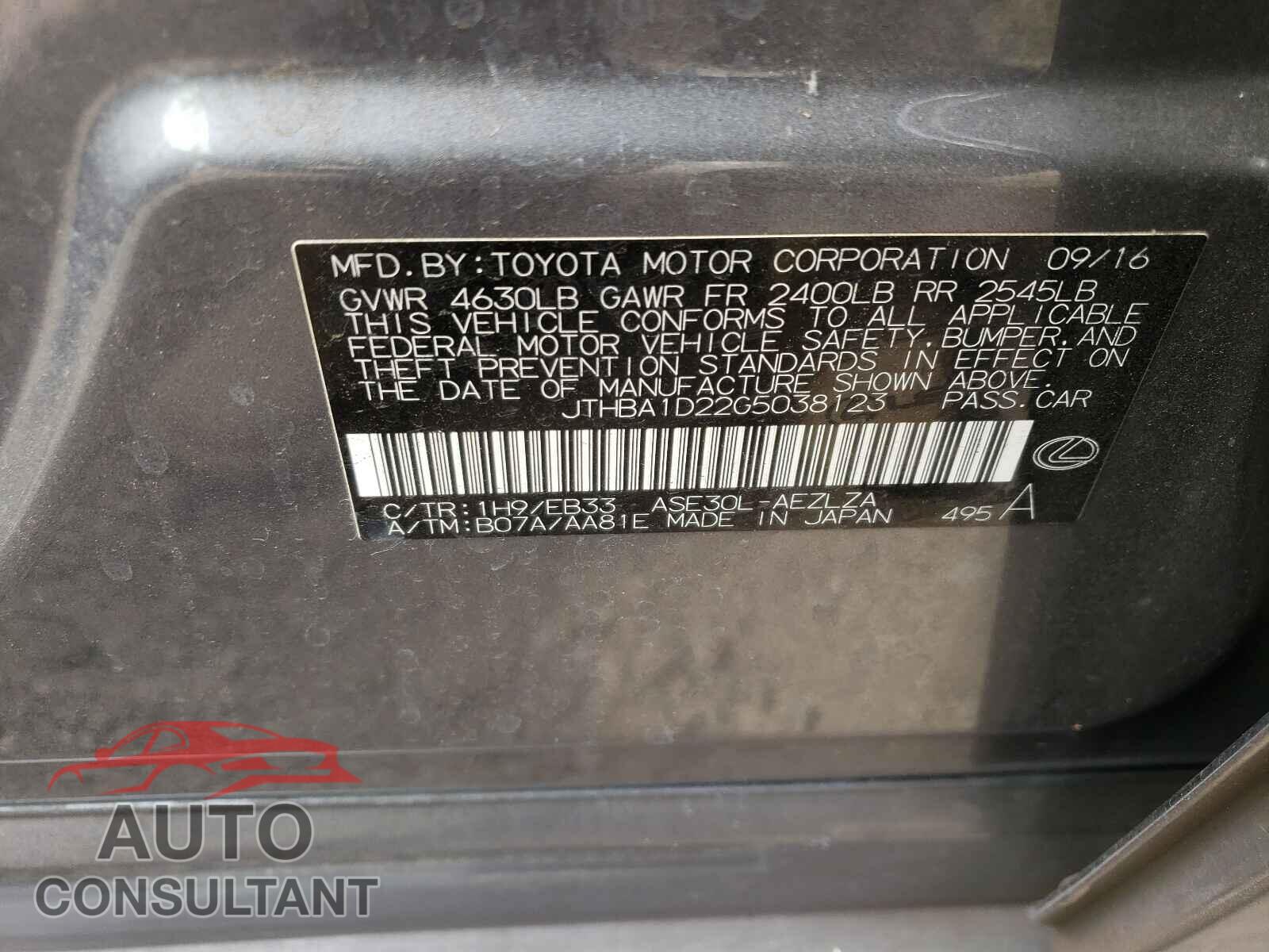 LEXUS IS 2016 - JTHBA1D22G5038123