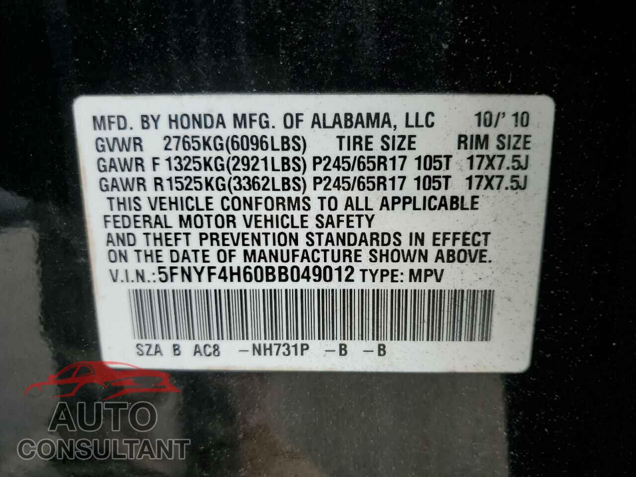 HONDA PILOT 2011 - 5FNYF4H60BB049012