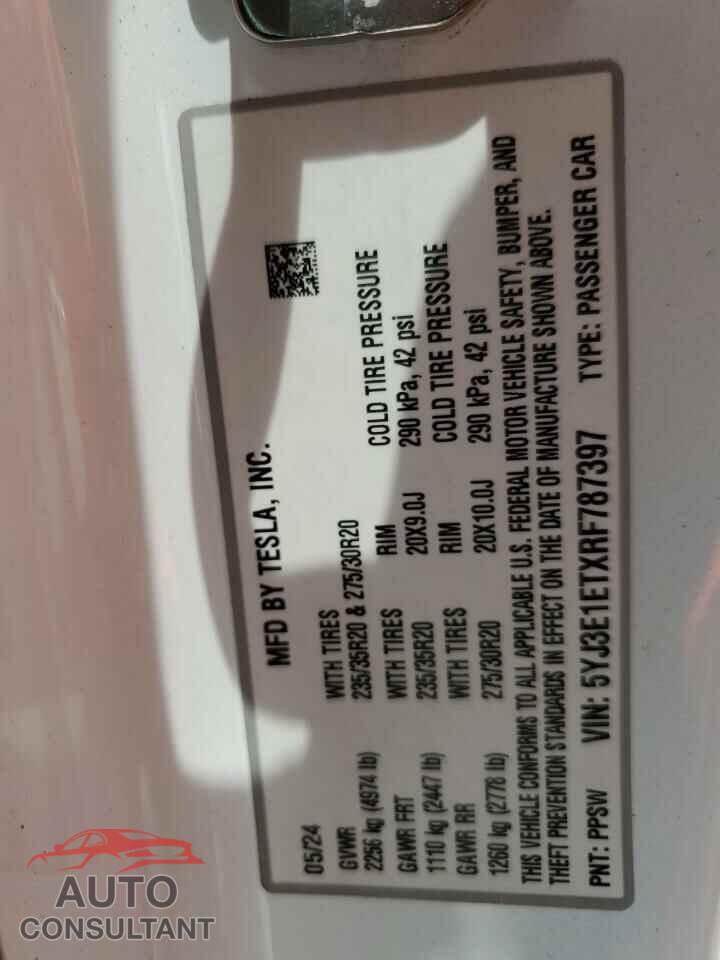 TESLA MODEL 3 2024 - 5YJ3E1ETXRF787397