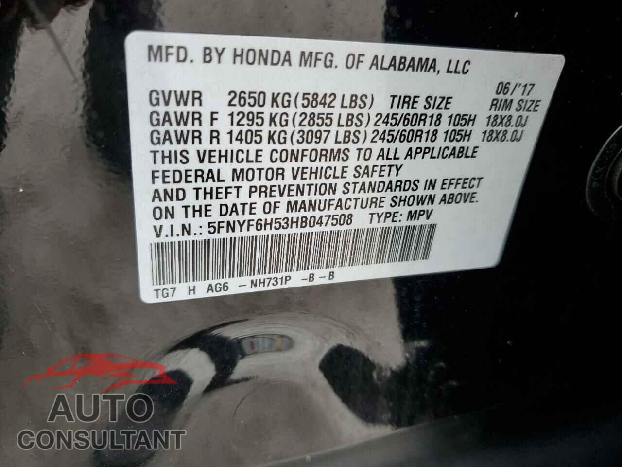 HONDA PILOT 2017 - 5FNYF6H53HB047508