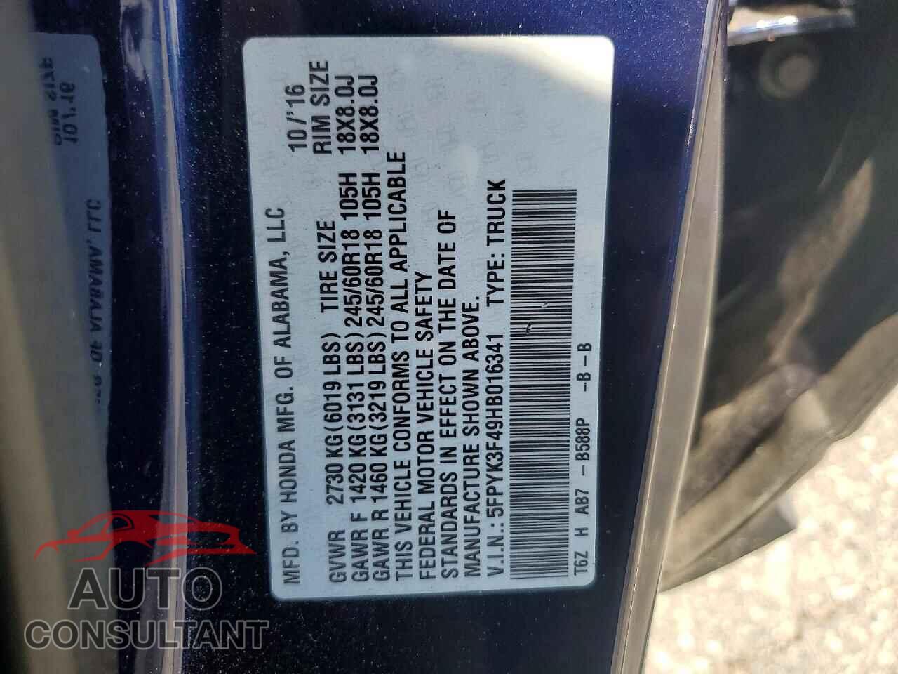 HONDA RIDGELINE 2017 - 5FPYK3F49HB016341