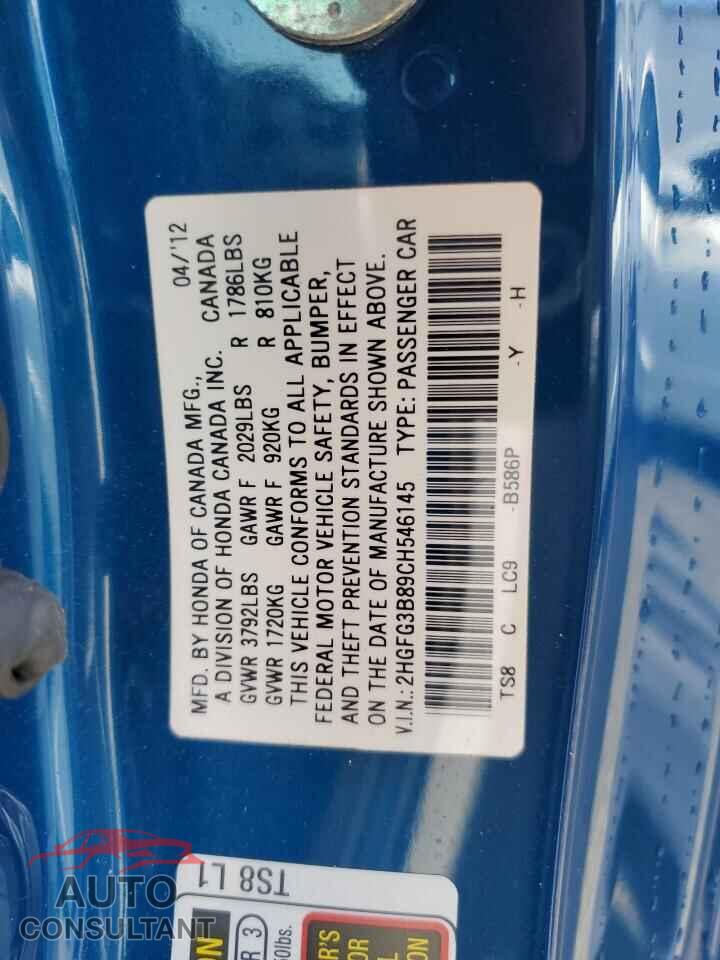 HONDA CIVIC 2012 - 2HGFG3B89CH546145