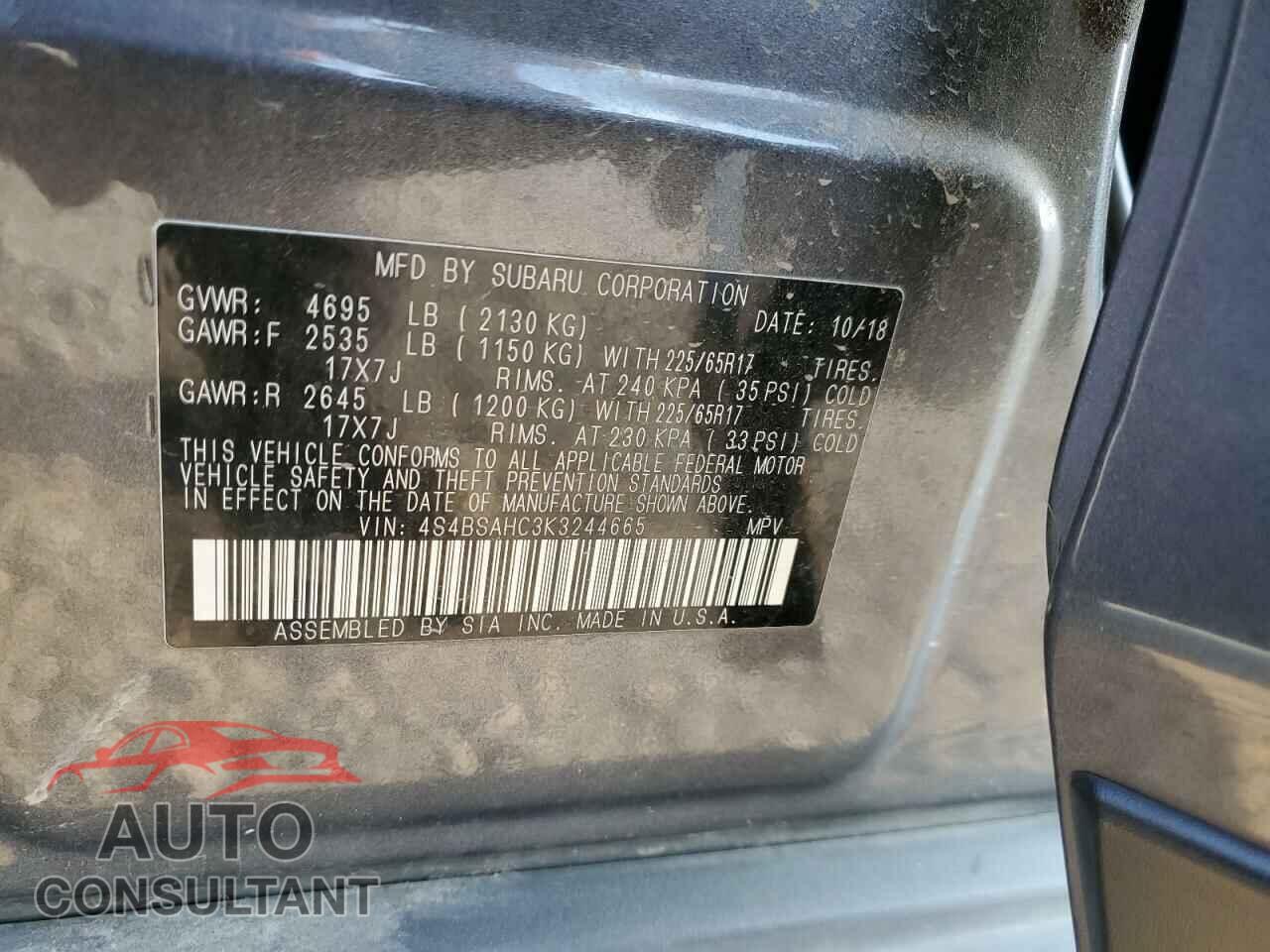 SUBARU OUTBACK 2019 - 4S4BSAHC3K3244665