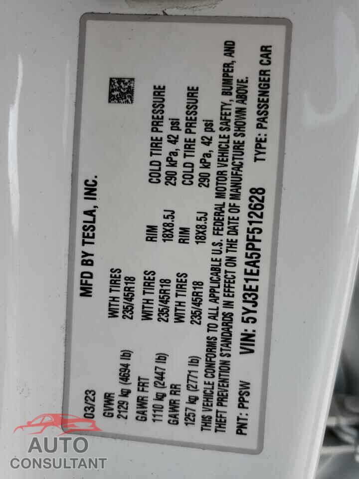 TESLA MODEL 3 2023 - 5YJ3E1EA5PF512628