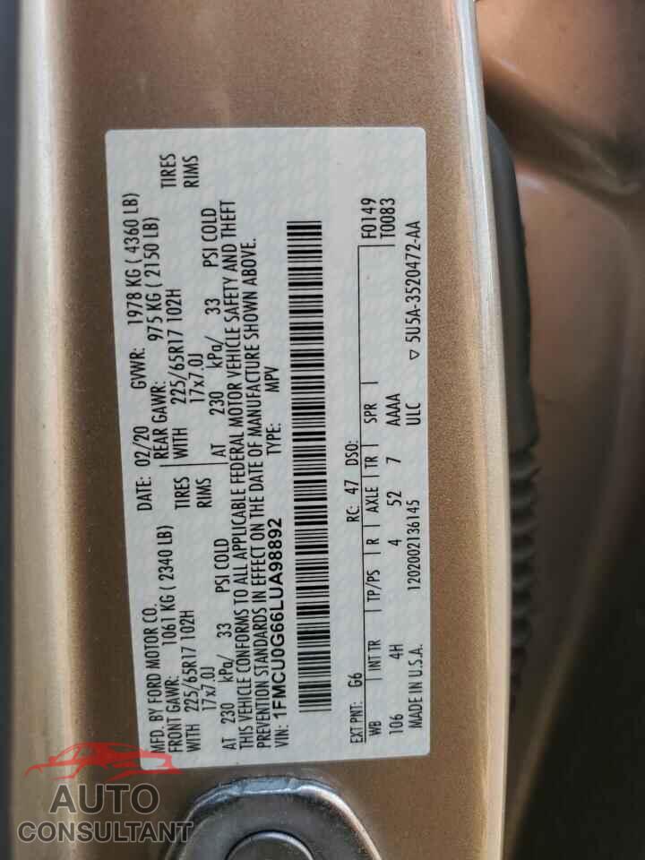 FORD ESCAPE 2020 - 1FMCU0G66LUA98892