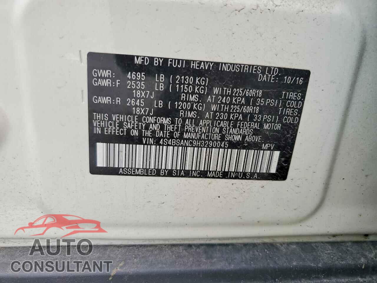 SUBARU OUTBACK 2017 - 4S4BSANC9H3290045