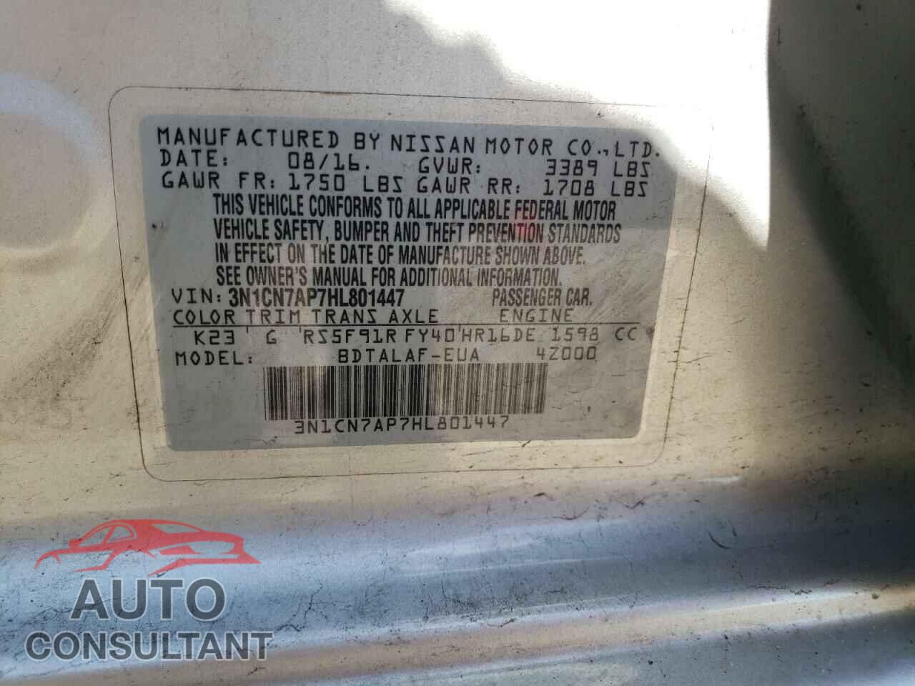 NISSAN VERSA 2017 - 3N1CN7AP7HL801447