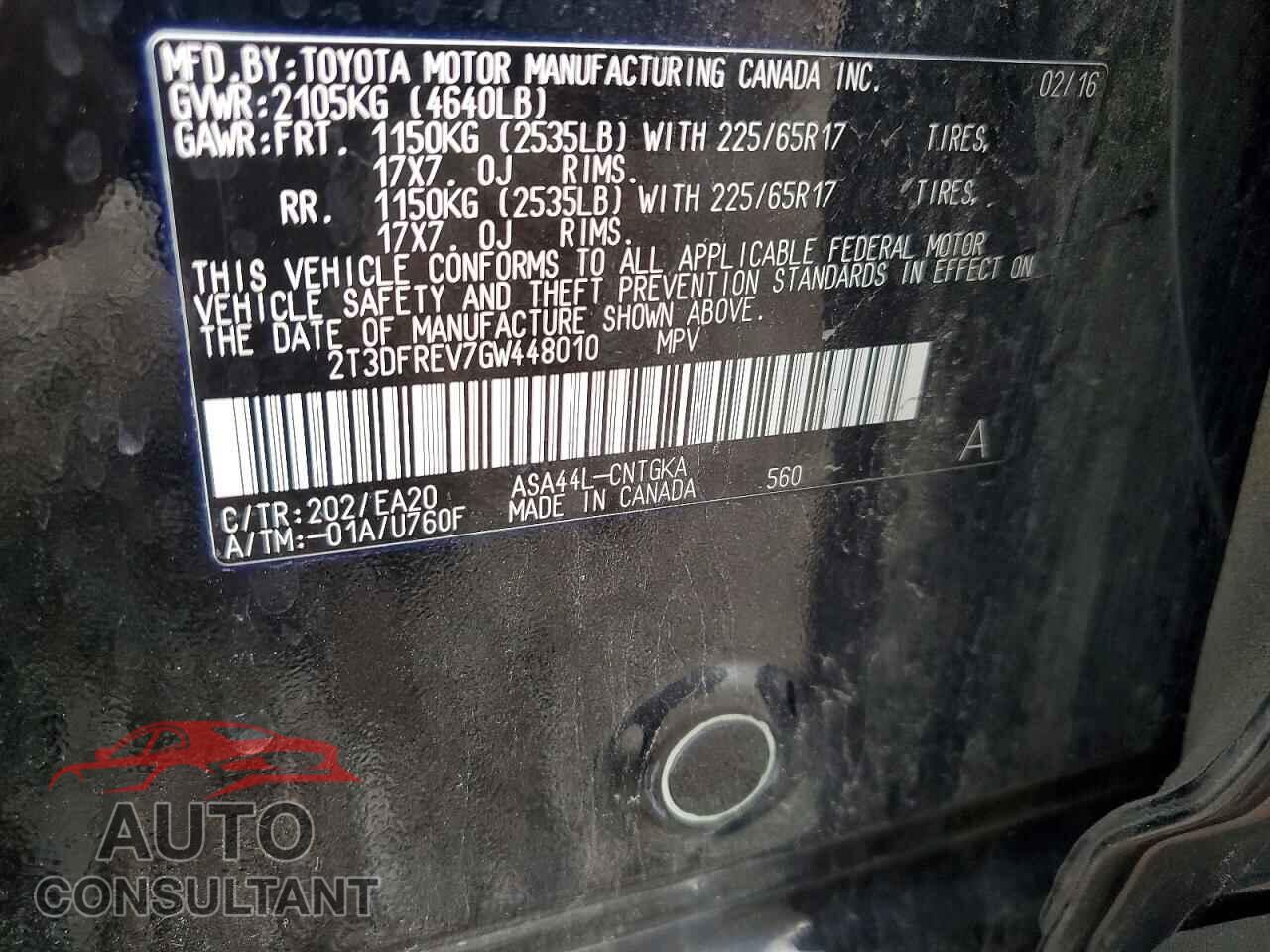 TOYOTA RAV4 2016 - 2T3DFREV7GW448010
