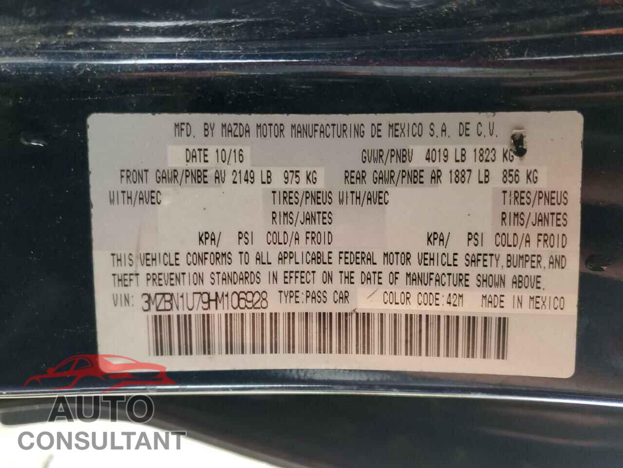 MAZDA 3 2017 - 3MZBN1U79HM106928