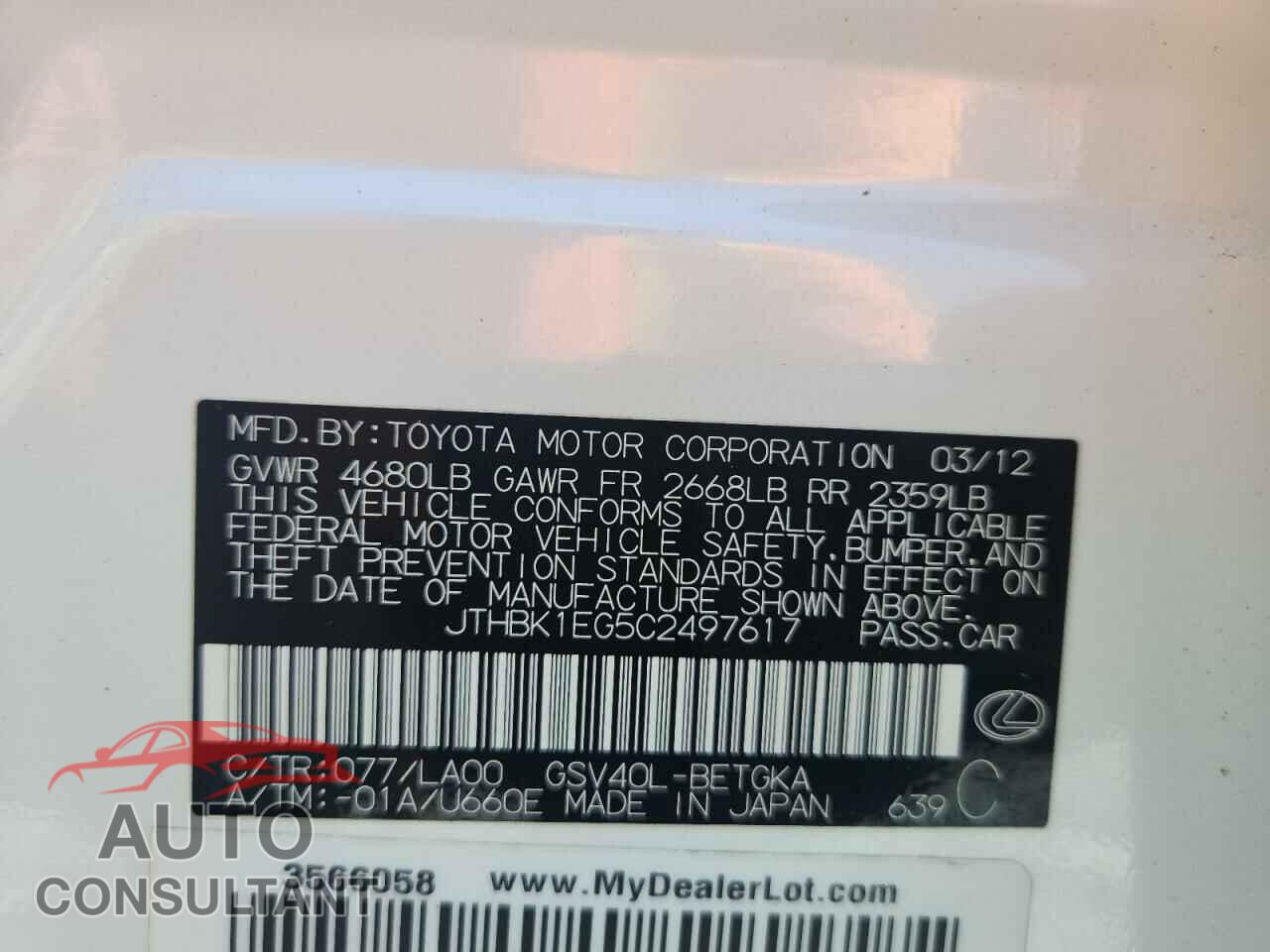 LEXUS ES350 2012 - JTHBK1EG5C2497617