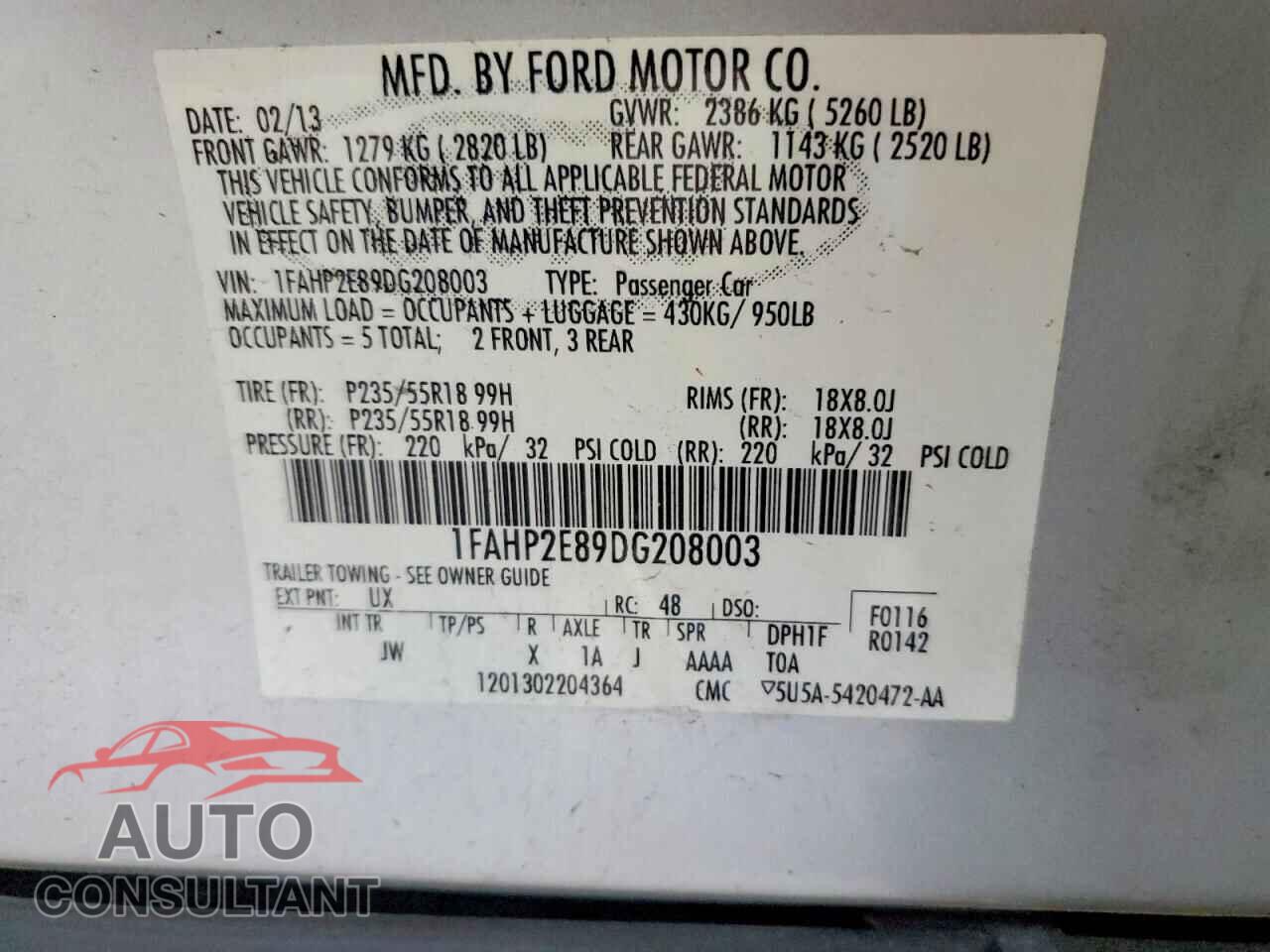 FORD TAURUS 2013 - 1FAHP2E89DG208003