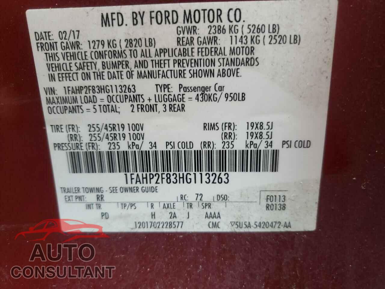 FORD TAURUS 2017 - 1FAHP2F83HG113263