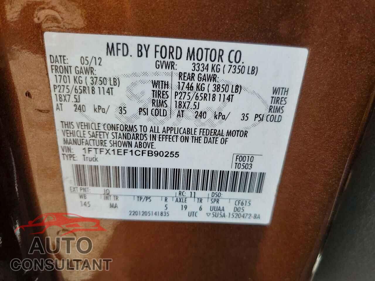 FORD F150 2012 - 1FTFX1EF1CFB90255