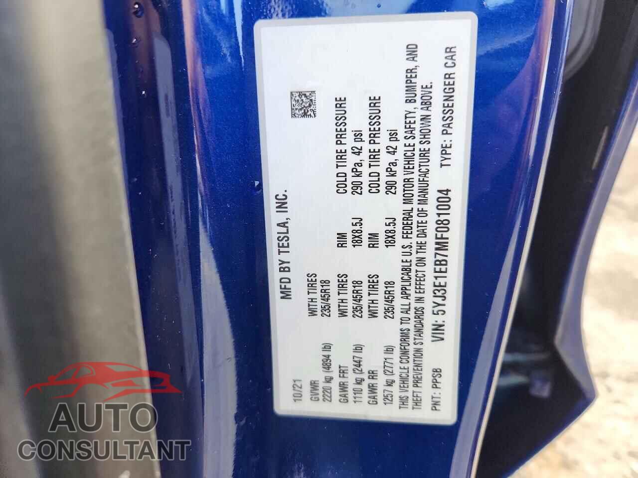 TESLA MODEL 3 2021 - 5YJ3E1EB7MF081004