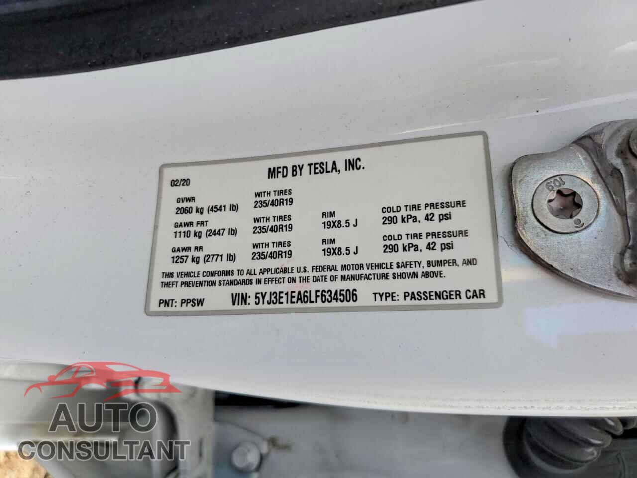 TESLA MODEL 3 2020 - 5YJ3E1EA6LF634506