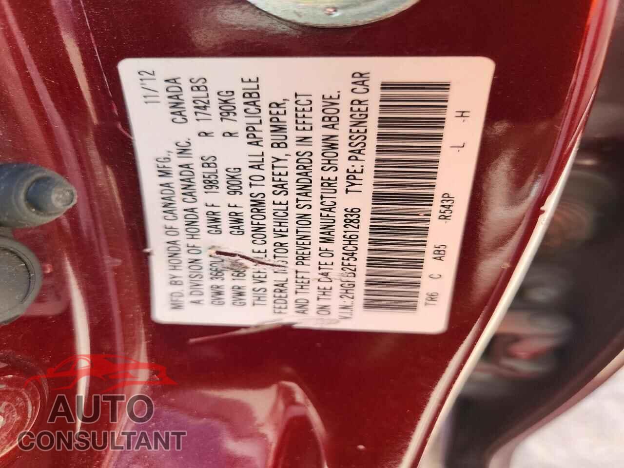 HONDA CIVIC 2012 - 2HGFB2F54CH612836