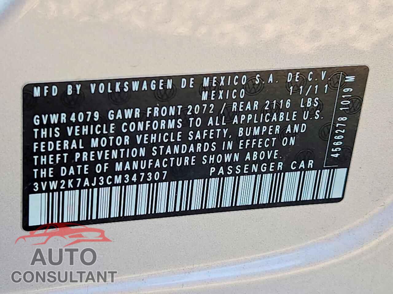 VOLKSWAGEN JETTA 2012 - 3VW2K7AJ3CM347307