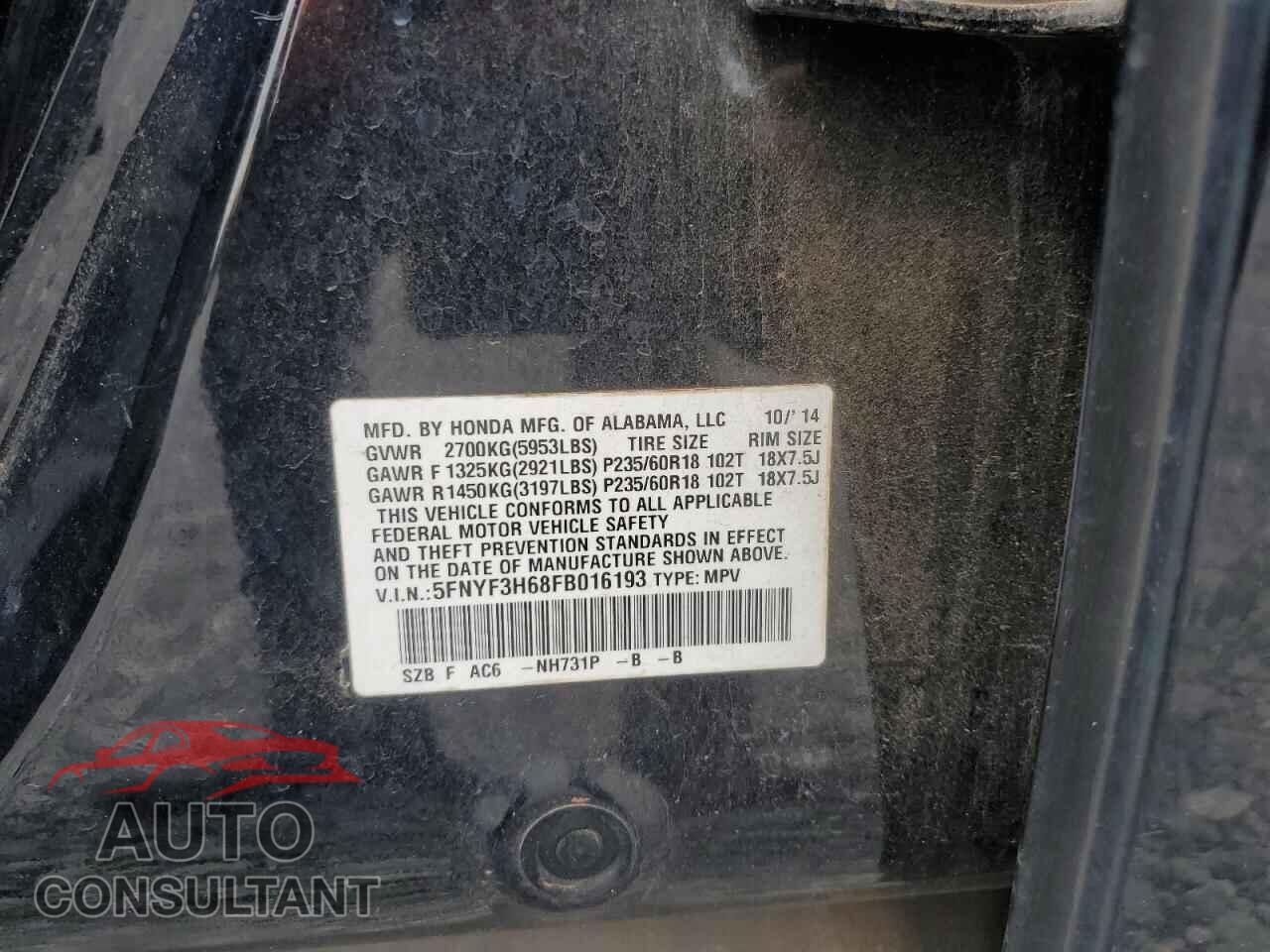 HONDA PILOT 2015 - 5FNYF3H68FB016193