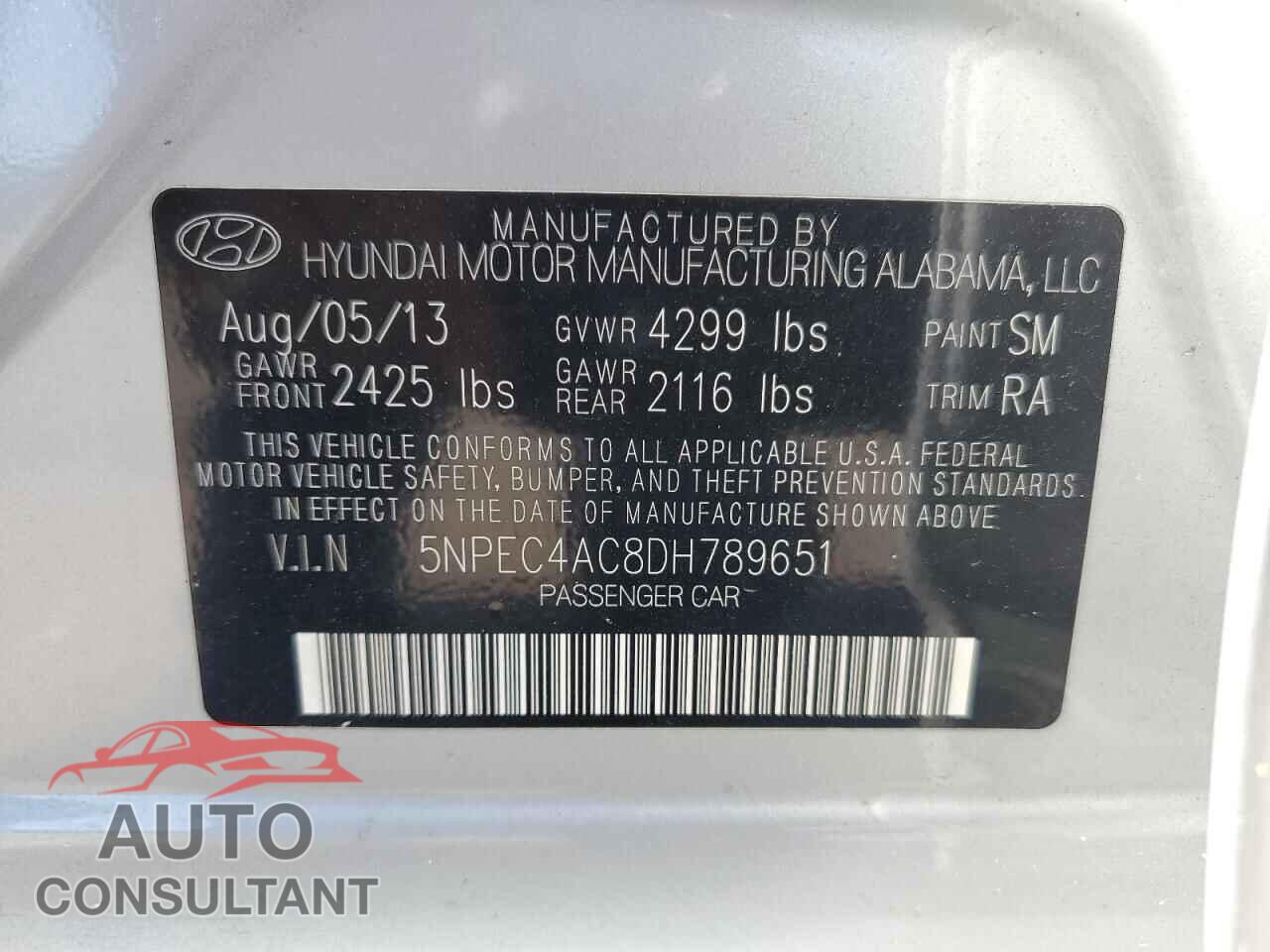 HYUNDAI SONATA 2013 - 5NPEC4AC8DH789651