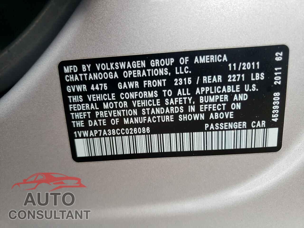 VOLKSWAGEN PASSAT 2012 - 1VWAP7A38CC026086