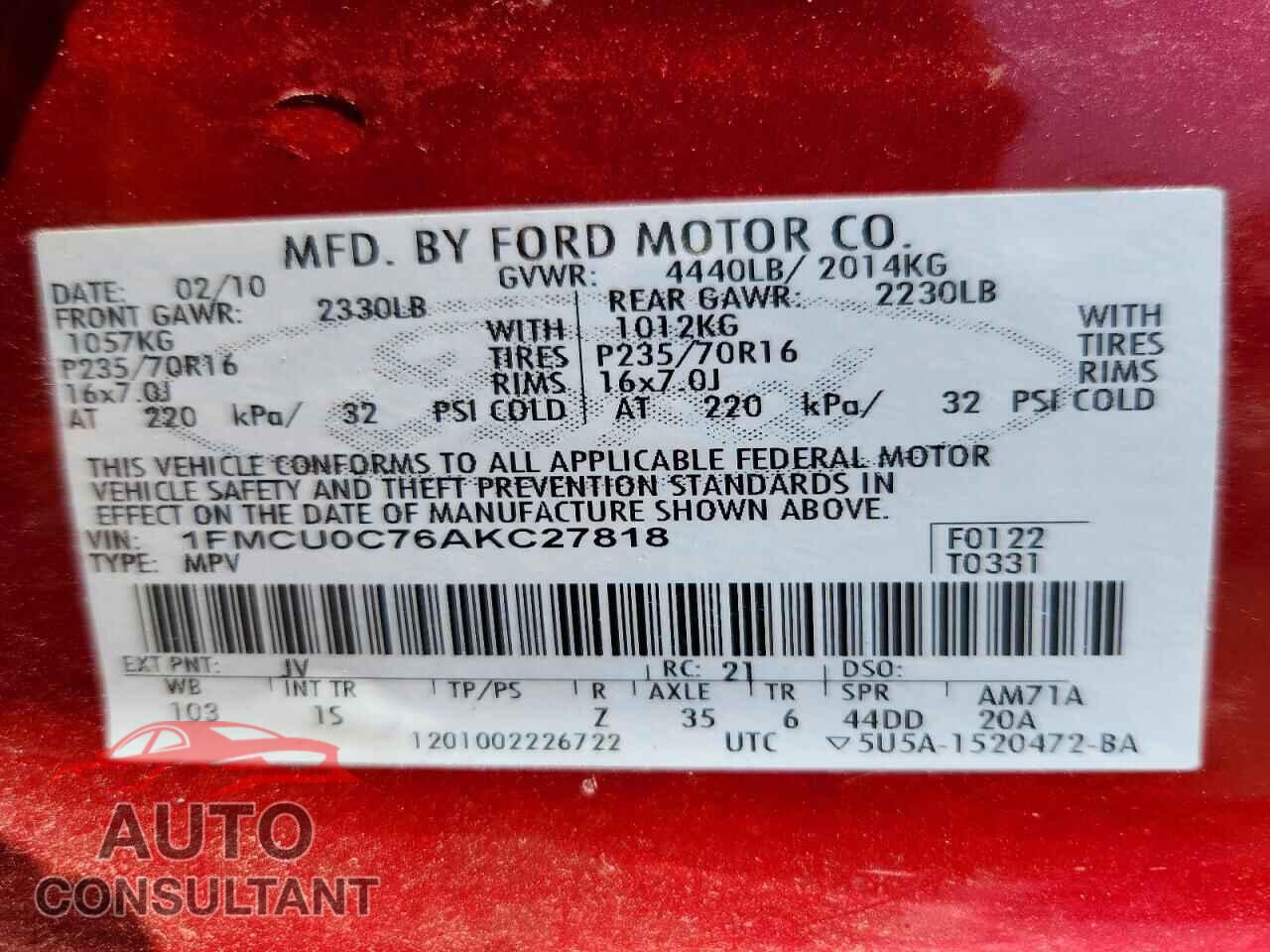 FORD ESCAPE 2010 - 1FMCU0C76AKC27818
