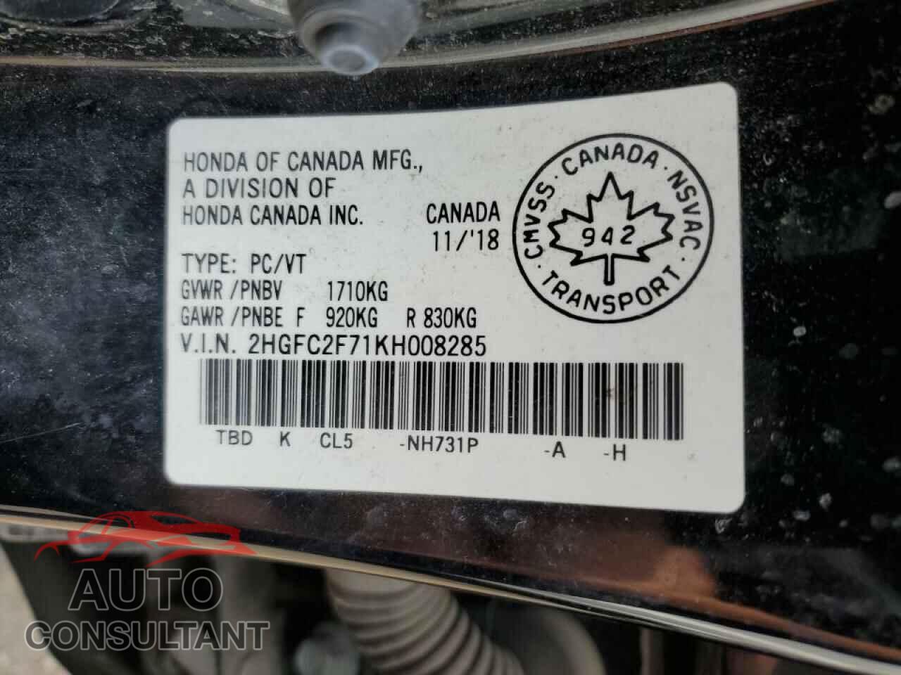 HONDA CIVIC 2019 - 2HGFC2F71KH008285
