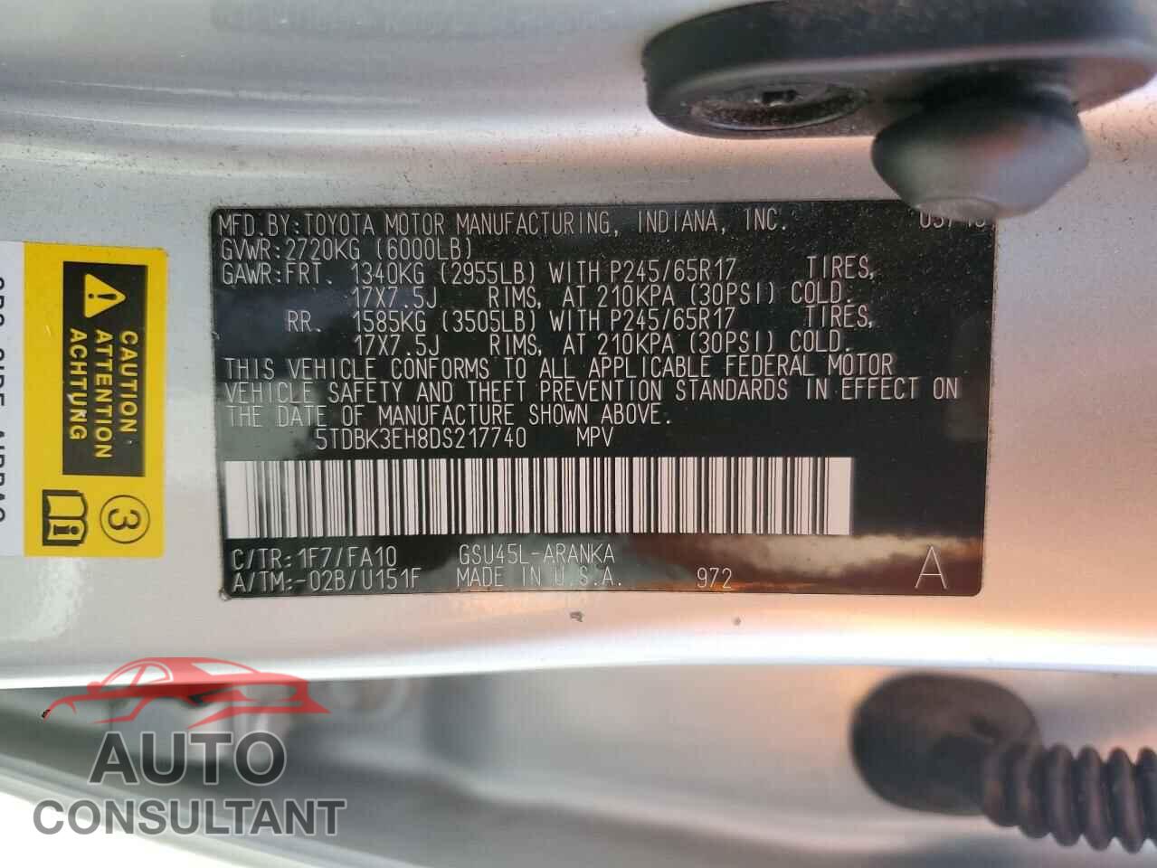 TOYOTA HIGHLANDER 2013 - 5TDBK3EH8DS217740