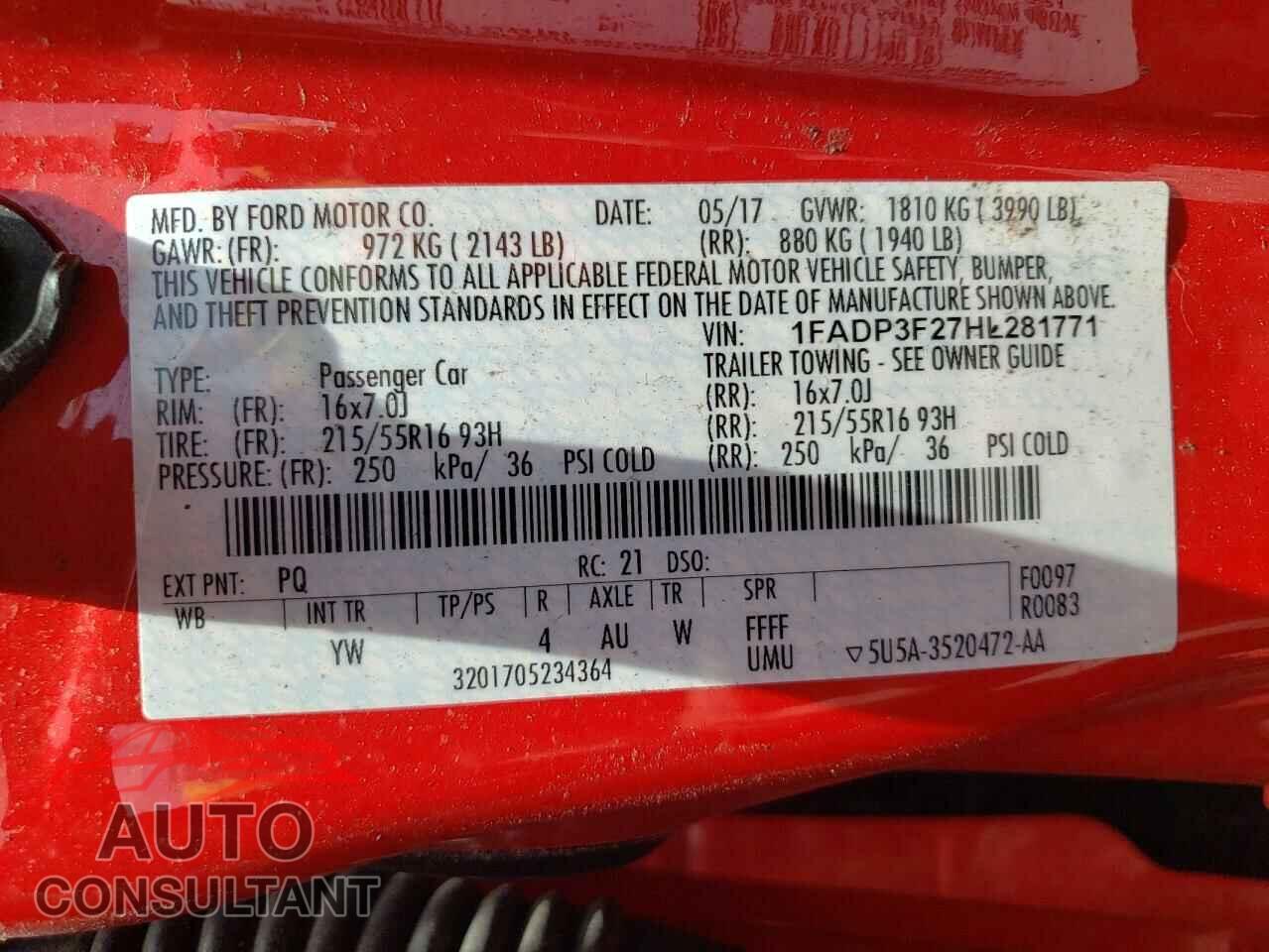 FORD FOCUS 2017 - 1FADP3F27HL281771