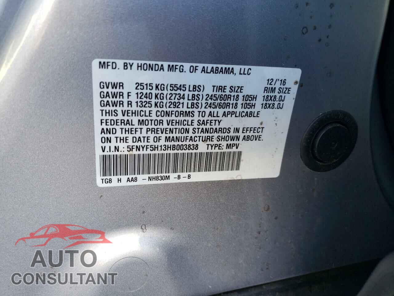 HONDA PILOT 2017 - 5FNYF5H13HB003838