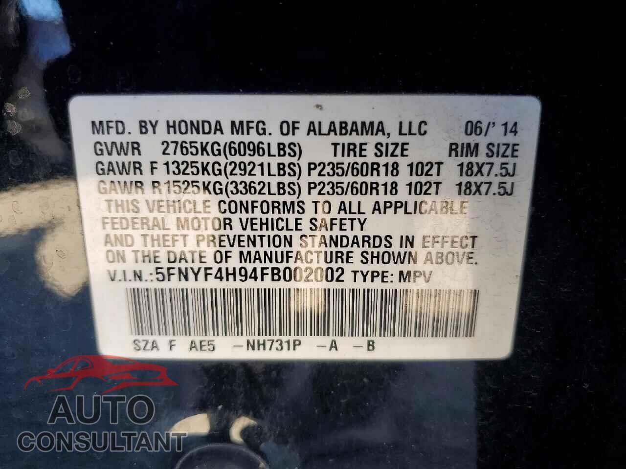 HONDA PILOT 2015 - 5FNYF4H94FB002002