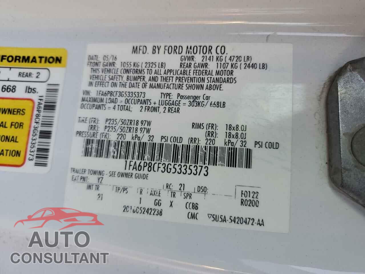 FORD MUSTANG 2016 - 1FA6P8CF3G5335373