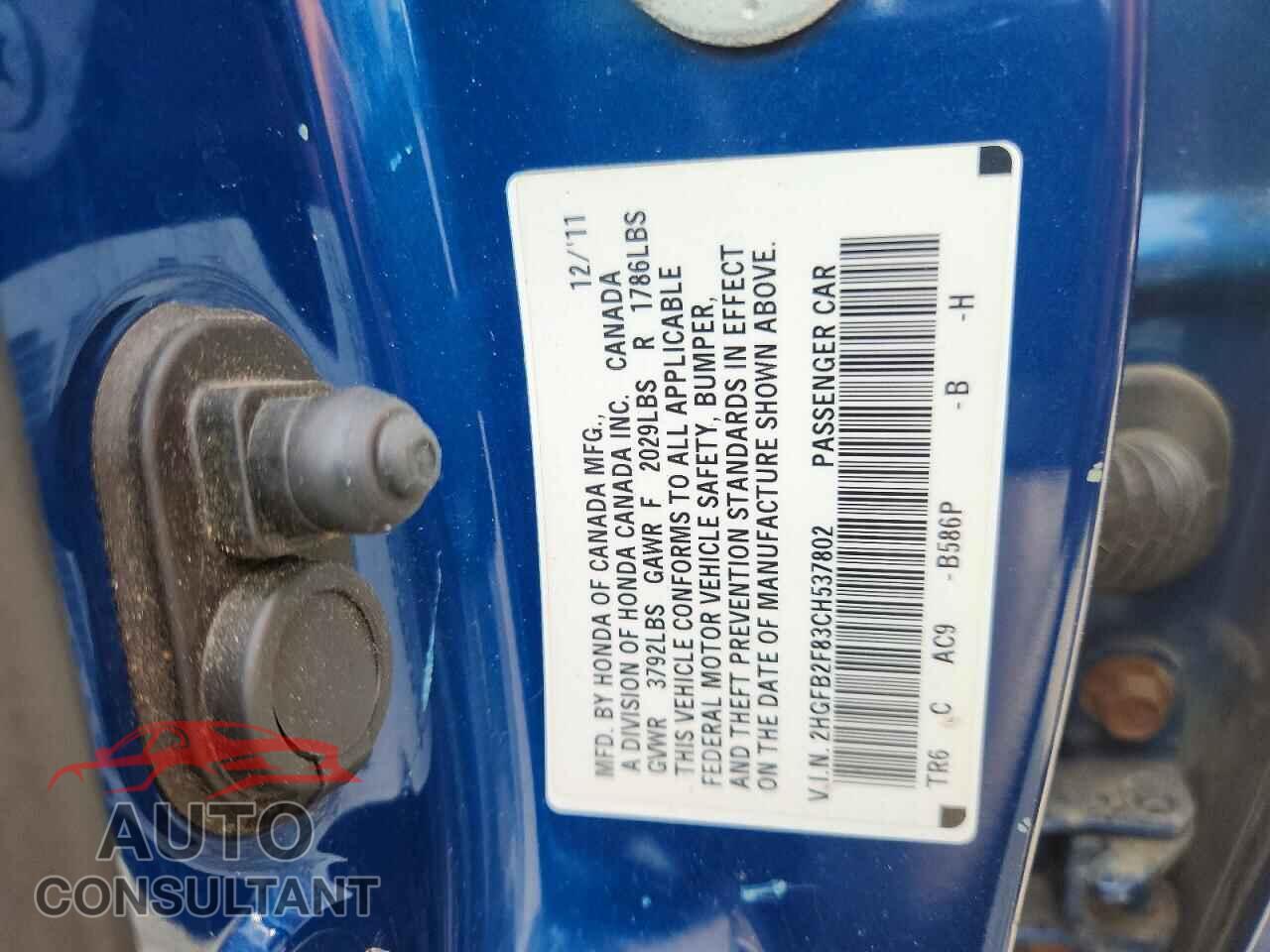 HONDA CIVIC 2012 - 2HGFB2F83CH537802