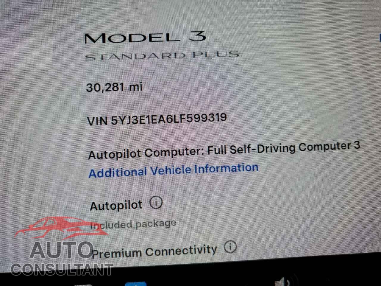 TESLA MODEL 3 2020 - 5YJ3E1EA6LF599319