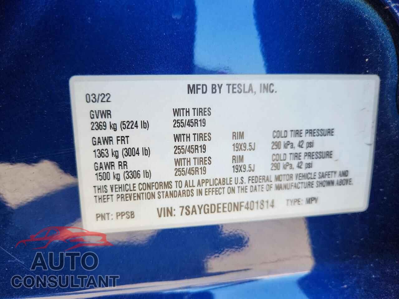 TESLA MODEL Y 2022 - 7SAYGDEE0NF401814