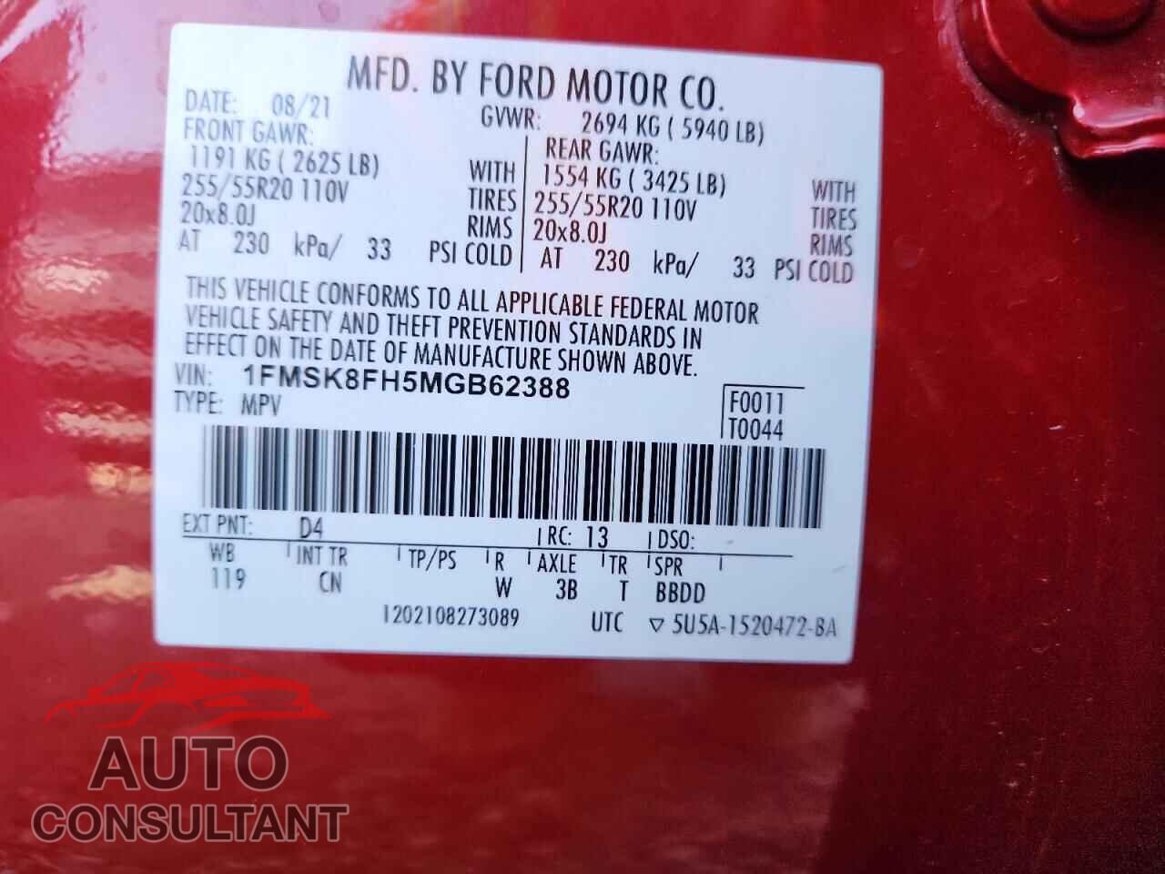 FORD EXPLORER 2021 - 1FMSK8FH5MGB62388