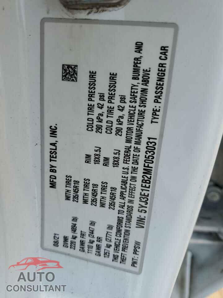 TESLA MODEL 3 2021 - 5YJ3E1EB2MF053031