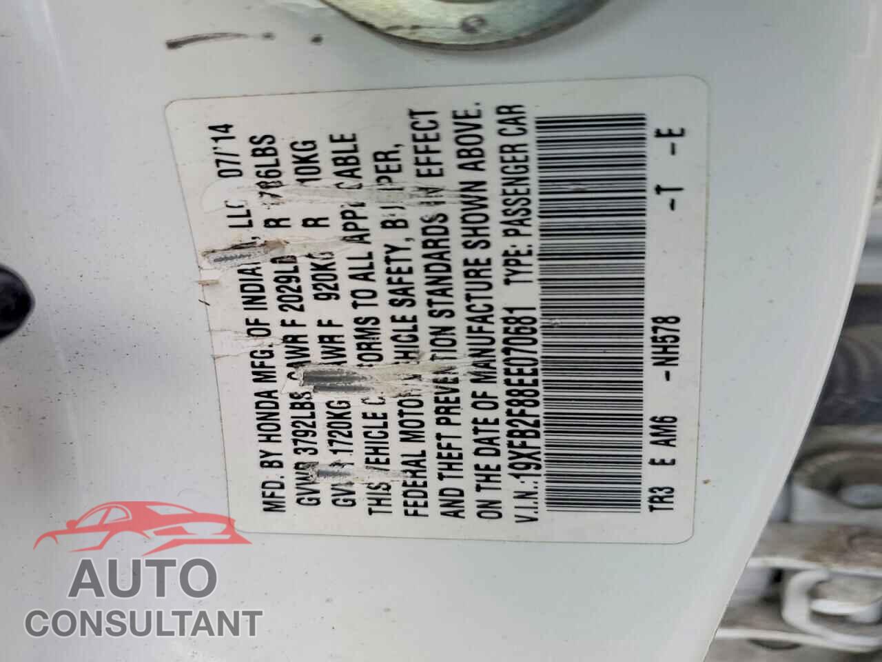 HONDA CIVIC 2014 - 19XFB2F88EE070681