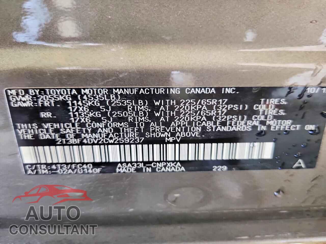 TOYOTA RAV4 2012 - 2T3BF4DV2CW259237