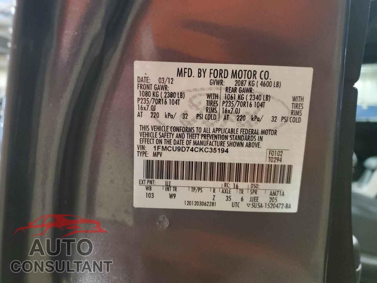 FORD ESCAPE 2012 - 1FMCU9D74CKC35194