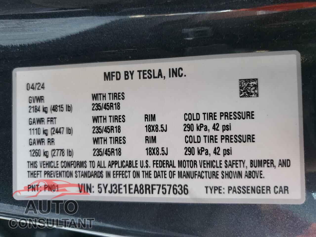 TESLA MODEL 3 2024 - 5YJ3E1EA8RF757636