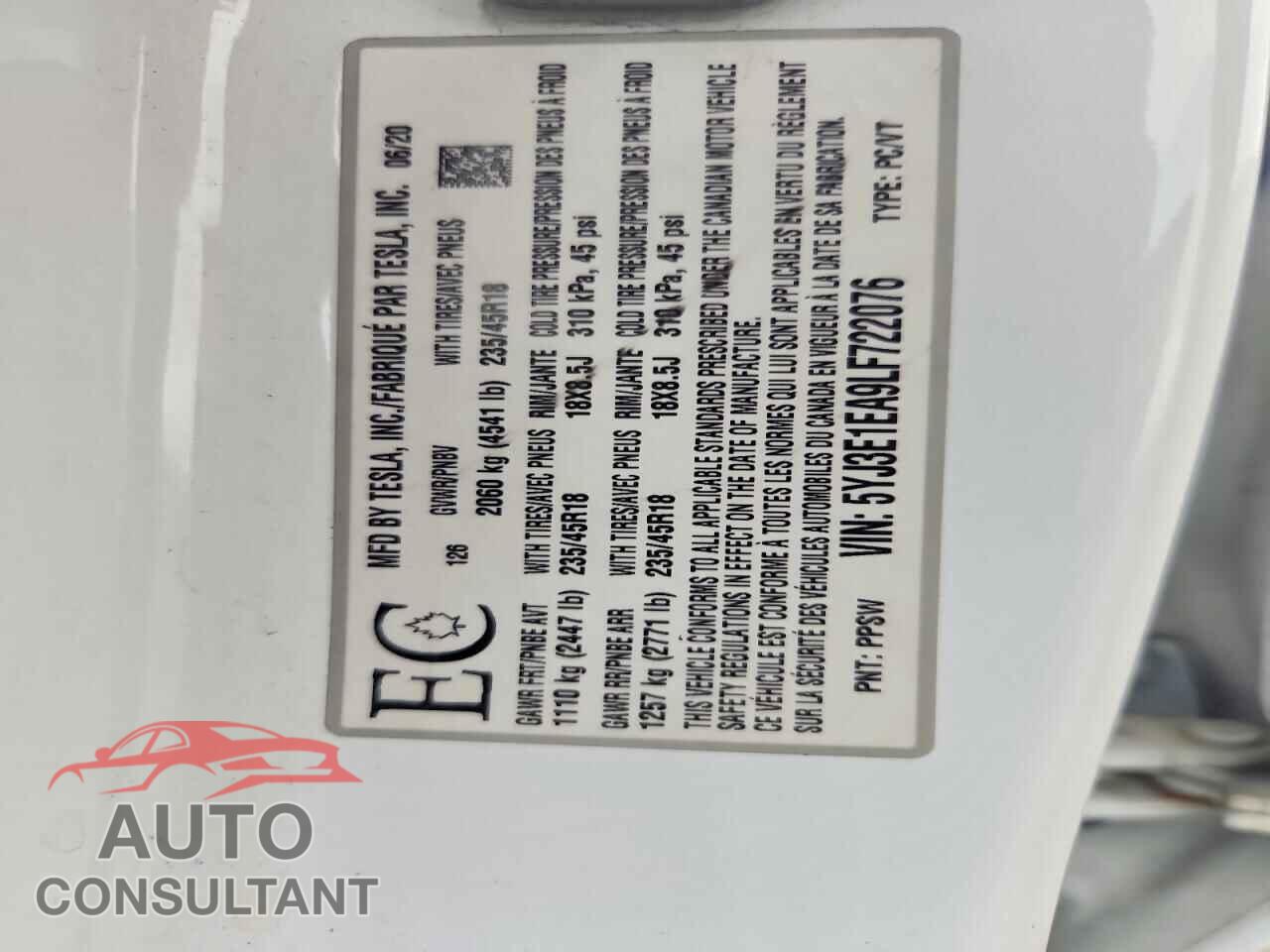TESLA MODEL 3 2020 - 5YJ3E1EA9LF722076