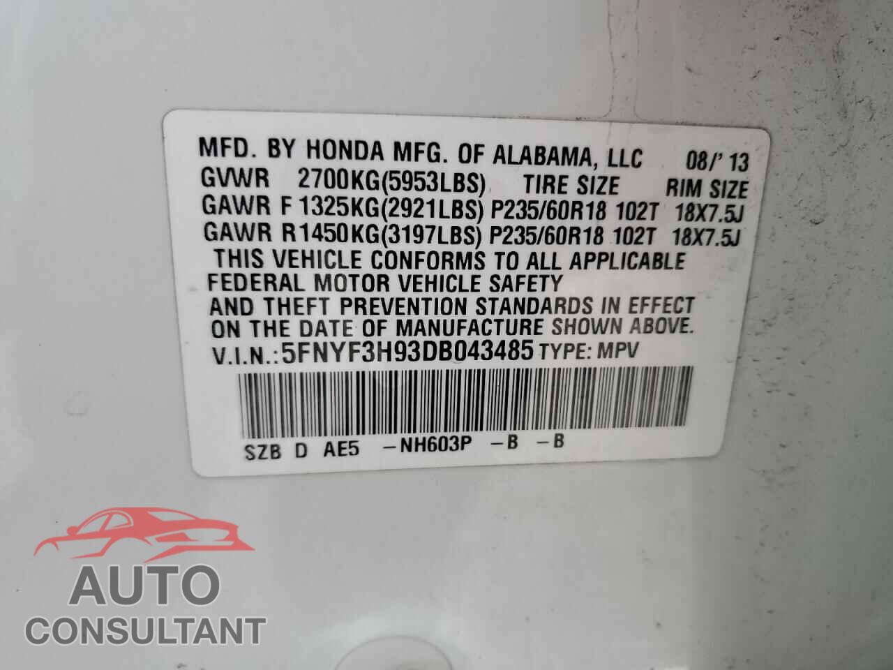 HONDA PILOT 2013 - 5FNYF3H93DB043485