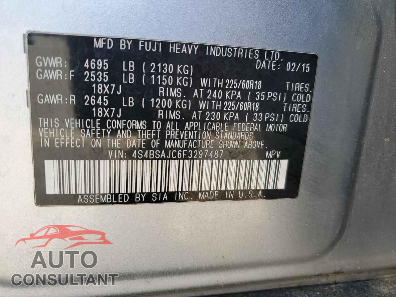 SUBARU OUTBACK 2015 - 4S4BSAJC6F3297487